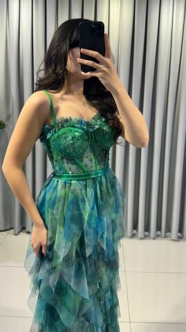 İnce Askılı Mendil fırfırlı Tül detaylı korseli üzerinde mink boncuk taş işlemeli uzun maksi boy  Yeşil ABİYE 44