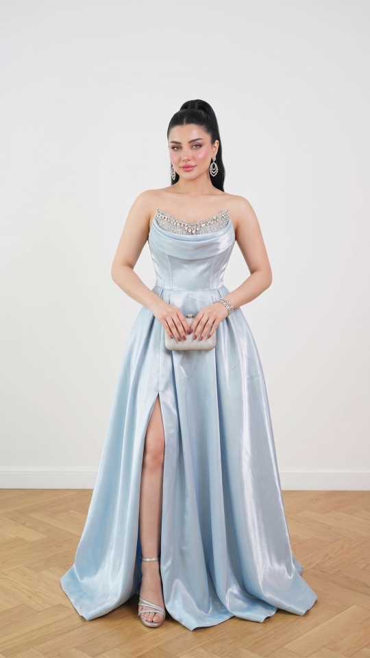 STRAPLEZ TAŞ DETAYLI SATEN BEBE MAVİSİ ABİYE 36