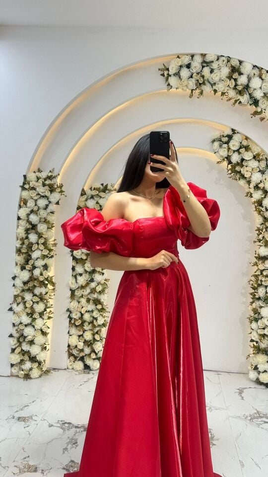 KABARIK BALON KOL SATEN A KESİM KIRMIZI ABİYE 36