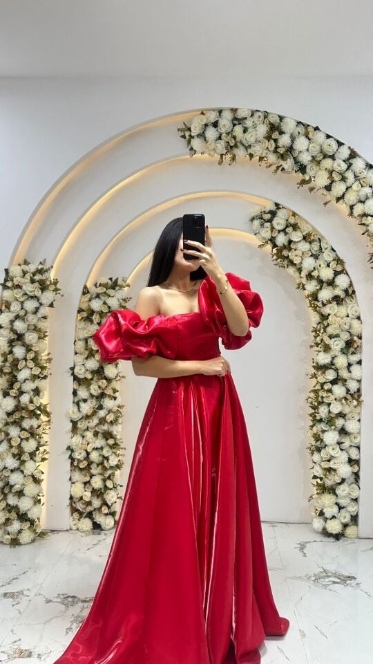 KABARIK BALON KOL SATEN A KESİM KIRMIZI ABİYE 36