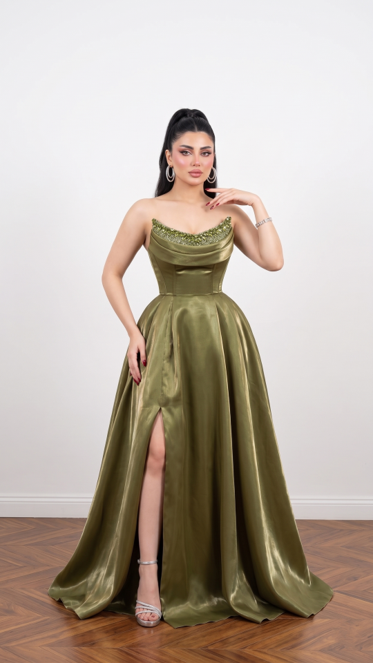 STRAPLEZ TAŞ DETAYLI SATEN YAĞ YEŞİLİ ABİYE 36