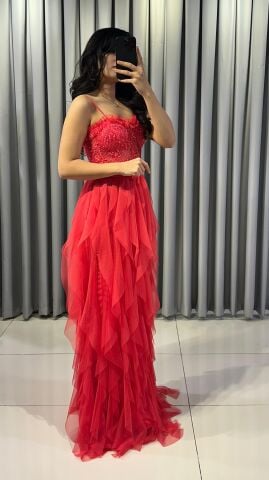 İnce Askılı Mendil fırfırlı Tül detaylı korseli üzerinde mink boncuk taş işlemeli uzun maksi boy  Fuşya  ABİYE 38