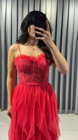 İnce Askılı Mendil fırfırlı Tül detaylı korseli üzerinde mink boncuk taş işlemeli uzun maksi boy  Fuşya  ABİYE 38