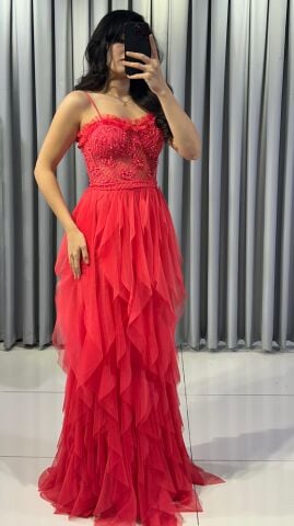 İnce Askılı Mendil fırfırlı Tül detaylı korseli üzerinde mink boncuk taş işlemeli uzun maksi boy  Fuşya  ABİYE 38