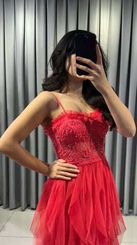 İnce Askılı Mendil fırfırlı Tül detaylı korseli üzerinde mink boncuk taş işlemeli uzun maksi boy  Fuşya  ABİYE 38