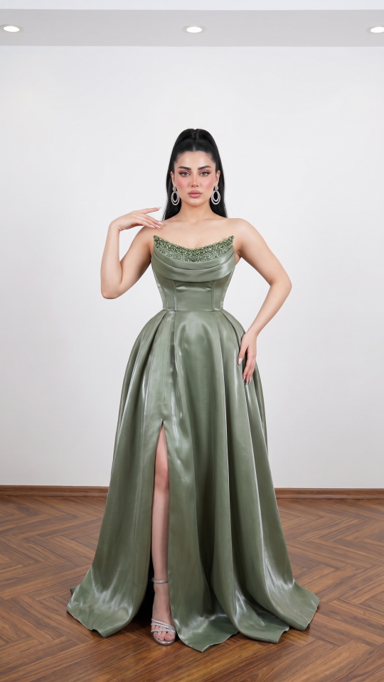 STRAPLEZ TAŞ DETAYLI SATEN YEŞİL ABİYE 36