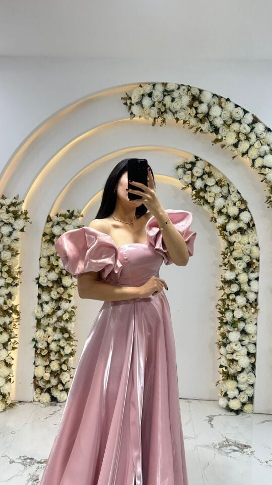 KABARIK BALON KOL SATEN A KESİM PEMBE ABİYE 42