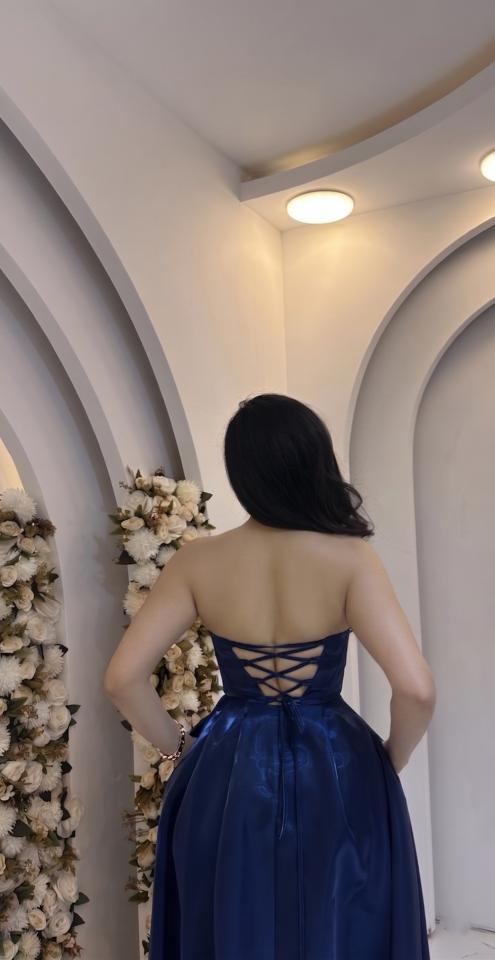 STRAPLEZ TAŞ DETAYLI SATEN LACİVERT ABİYE