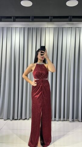 Halter Yaka Simli Işıltılı Balık Model Böbrek Dekolteli Şık  Kırmızı Abiye Elbise 42