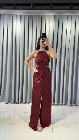Halter Yaka Simli Işıltılı Balık Model Böbrek Dekolteli Şık  Kırmızı Abiye Elbise 42