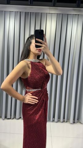Halter Yaka Simli Işıltılı Balık Model Böbrek Dekolteli Şık  Kırmızı Abiye Elbise 42