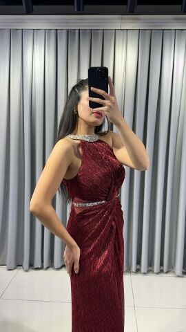 Halter Yaka Simli Işıltılı Balık Model Böbrek Dekolteli Şık  Kırmızı Abiye Elbise 42