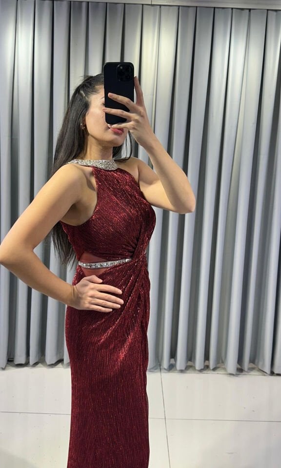 Halter Yaka Simli Işıltılı Balık Model Böbrek Dekolteli Şık  Kırmızı Abiye Elbise 42