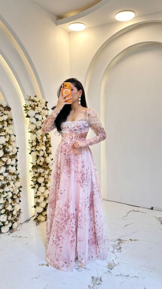 TOZ PEMBE ÇİÇEK DESENLİ PRENSES MODEL ABİYE 42
