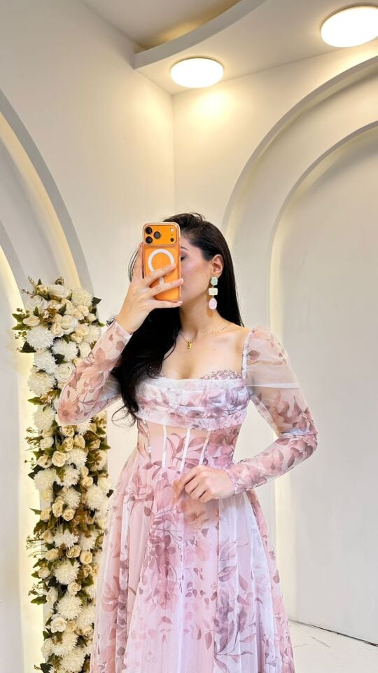 TOZ PEMBE ÇİÇEK DESENLİ PRENSES MODEL ABİYE 42