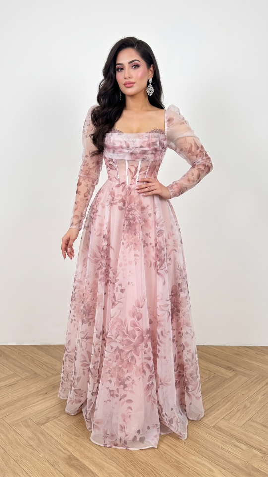 TOZ PEMBE ÇİÇEK DESENLİ PRENSES MODEL ABİYE 42