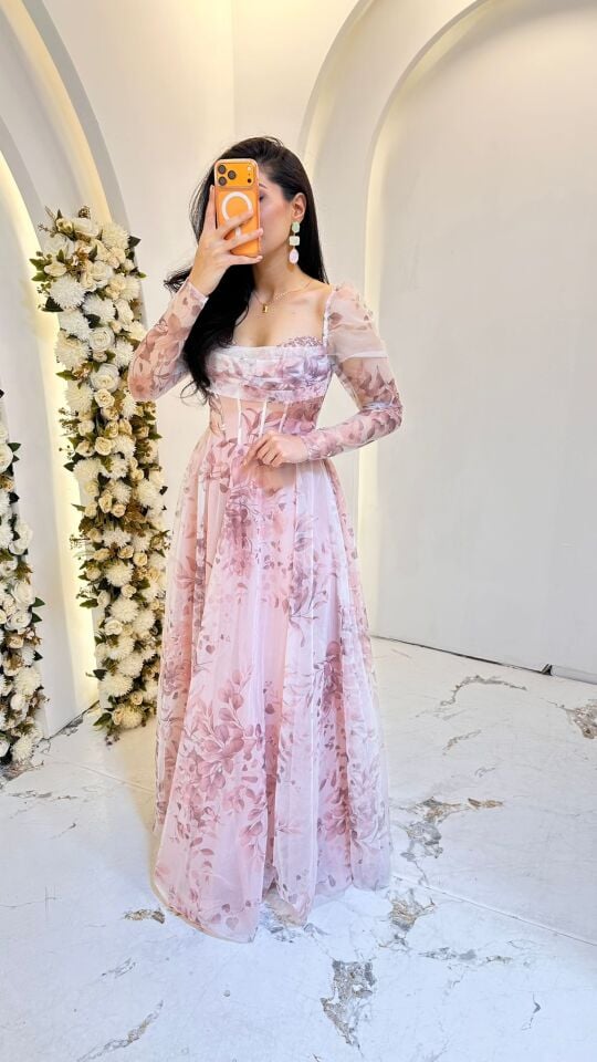 TOZ PEMBE ÇİÇEK DESENLİ PRENSES MODEL ABİYE 42