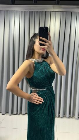 Halter Yaka Simli Işıltılı Balık Model Böbrek Dekolteli Şık Mind  Yeşil Abiye Elbise 42