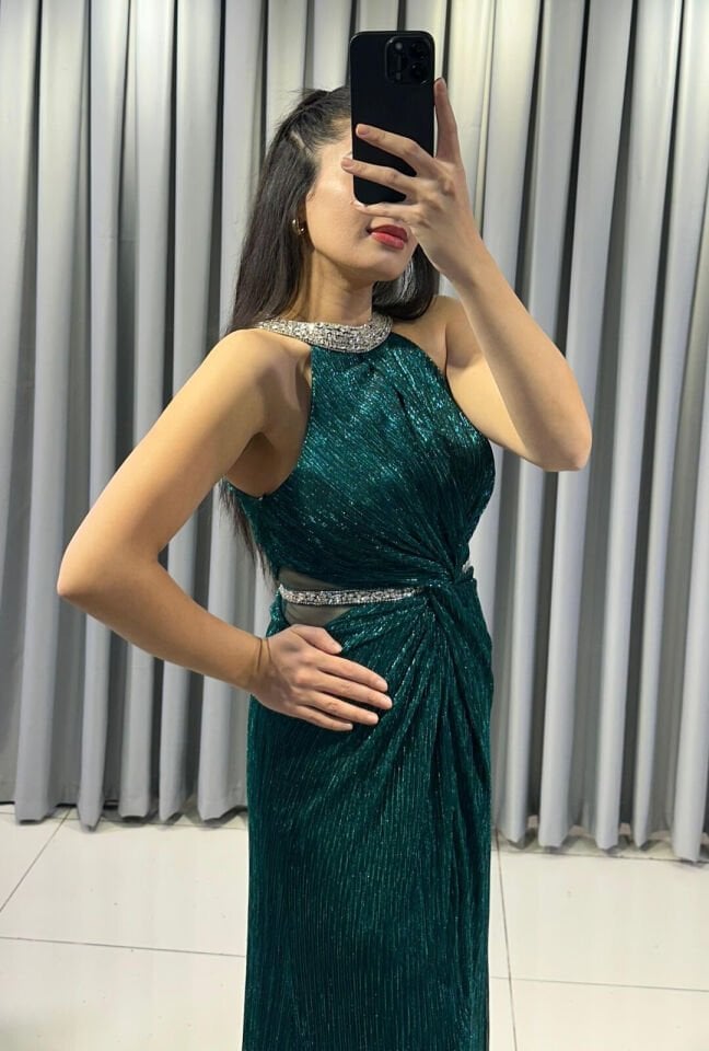 Halter Yaka Simli Işıltılı Balık Model Böbrek Dekolteli Şık Mind  Yeşil Abiye Elbise 42