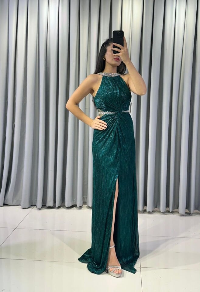 Halter Yaka Simli Işıltılı Balık Model Böbrek Dekolteli Şık Mind  Yeşil Abiye Elbise 42