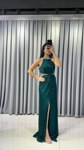 Halter Yaka Simli Işıltılı Balık Model Böbrek Dekolteli Şık Mind  Yeşil Abiye Elbise 42