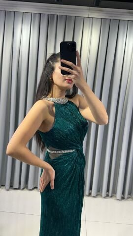 Halter Yaka Simli Işıltılı Balık Model Böbrek Dekolteli Şık Mind  Yeşil Abiye Elbise 42