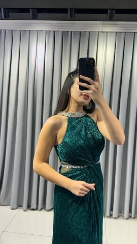 Halter Yaka Simli Işıltılı Balık Model Böbrek Dekolteli Şık Mind  Yeşil Abiye Elbise 42