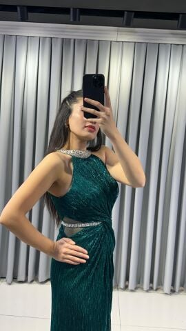 Halter Yaka Simli Işıltılı Balık Model Böbrek Dekolteli Şık Mind  Yeşil Abiye Elbise 42