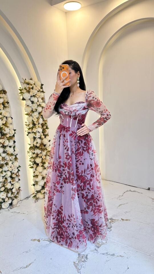 KIRMIZI ÇİÇEK DESENLİ PRENSES MODEL ABİYE 42