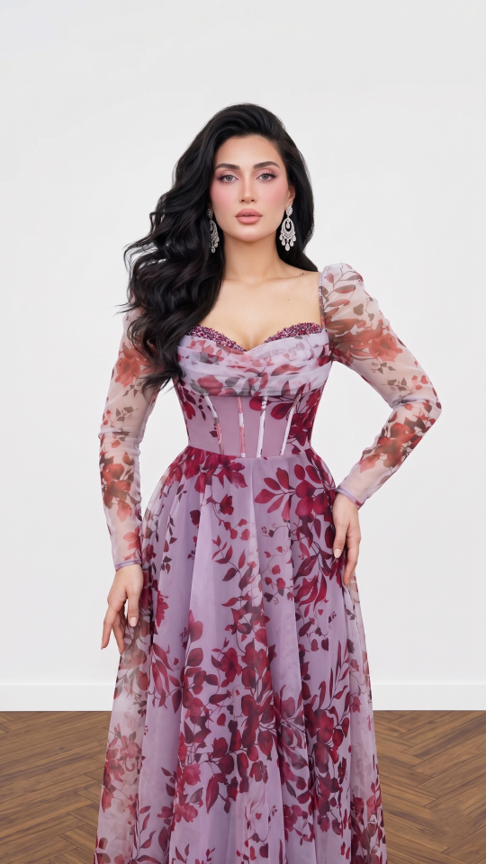 KIRMIZI ÇİÇEK DESENLİ PRENSES MODEL ABİYE 42