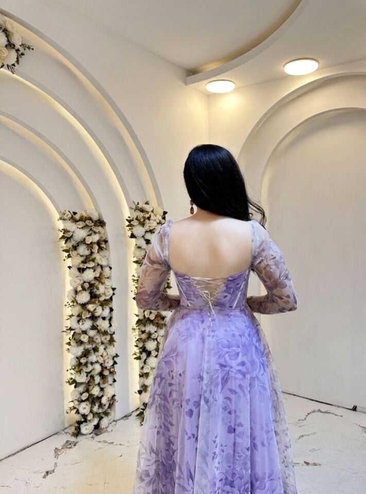LİLA ÇİÇEK DESENLİ PRENSES MODEL ABİYE 42