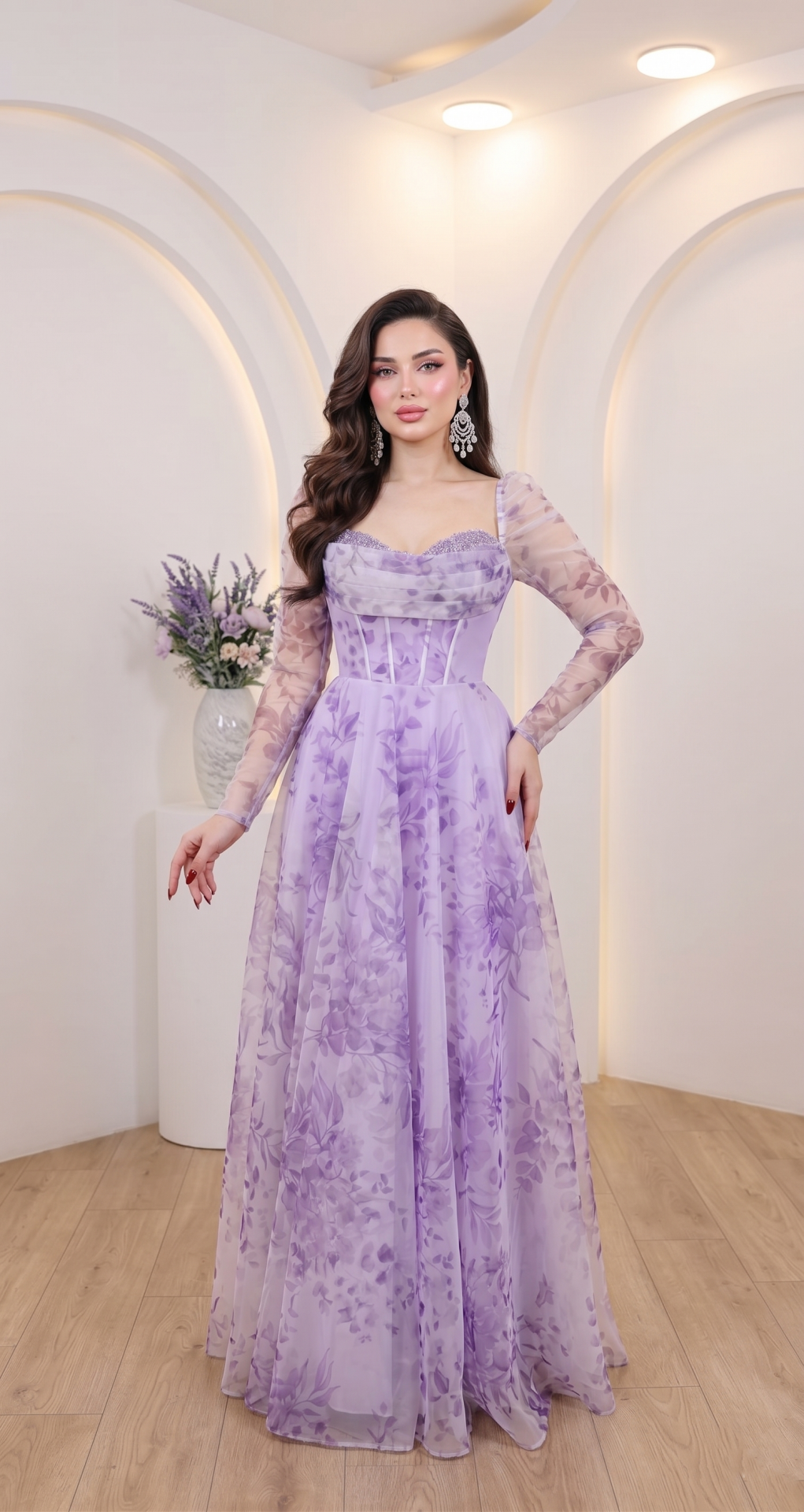 LİLA ÇİÇEK DESENLİ PRENSES MODEL ABİYE 42