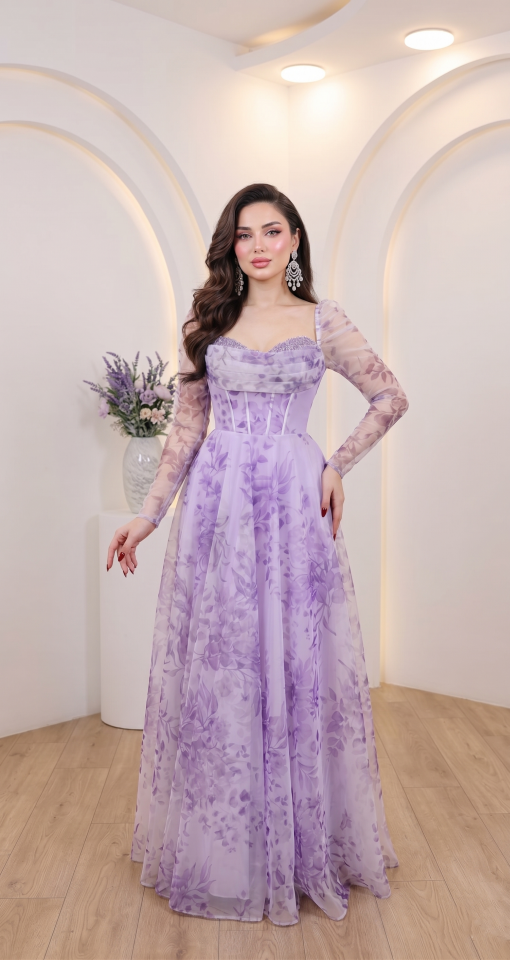 LİLA ÇİÇEK DESENLİ PRENSES MODEL ABİYE 38