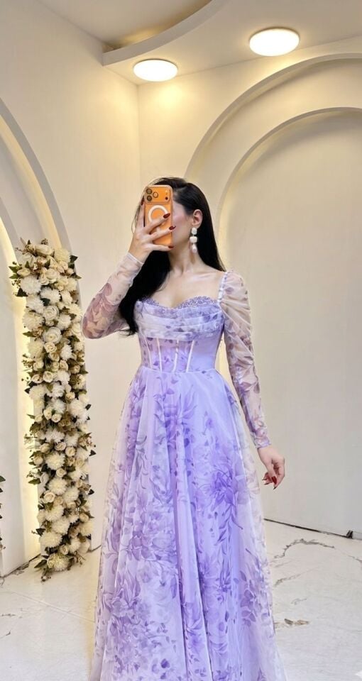 LİLA ÇİÇEK DESENLİ PRENSES MODEL ABİYE 42