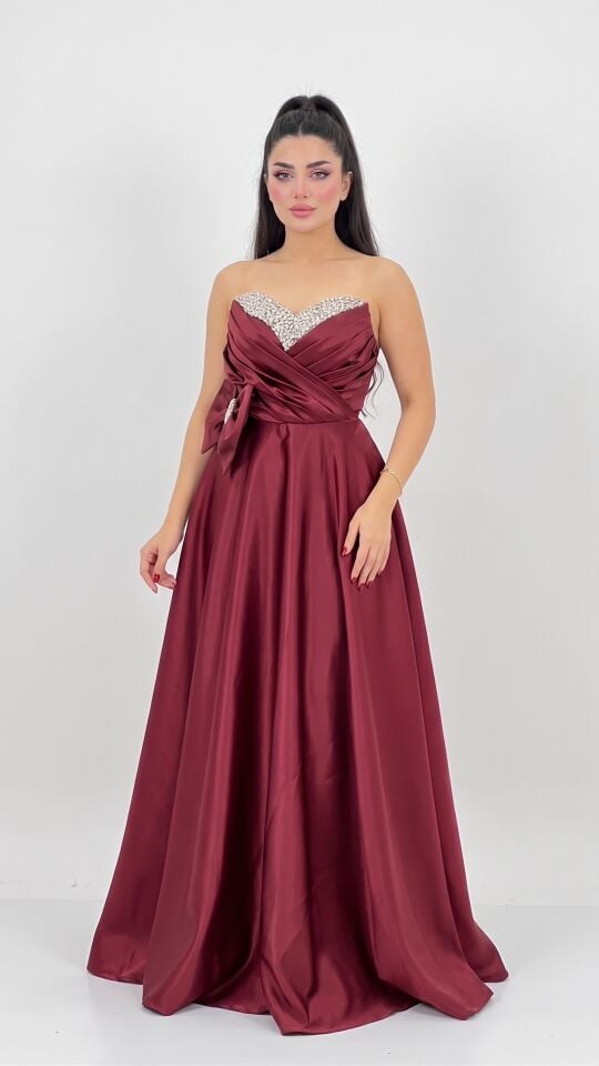 BORDO KURDELE DETAYLI SATEN ABİYE 42