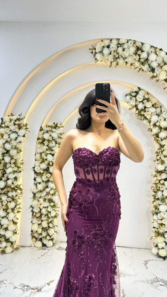 Vücudu saran balık model Kalp yaka, transparan file detaylı ve balenli korse formunda üst gövde Mor  Abiye 42