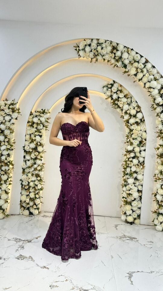 Vücudu saran balık model Kalp yaka, transparan file detaylı ve balenli korse formunda üst gövde Mor  Abiye 42