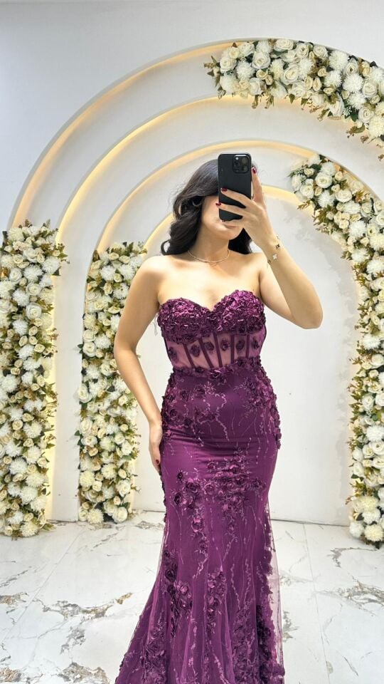 Vücudu saran balık model Kalp yaka, transparan file detaylı ve balenli korse formunda üst gövde Mor  Abiye 42