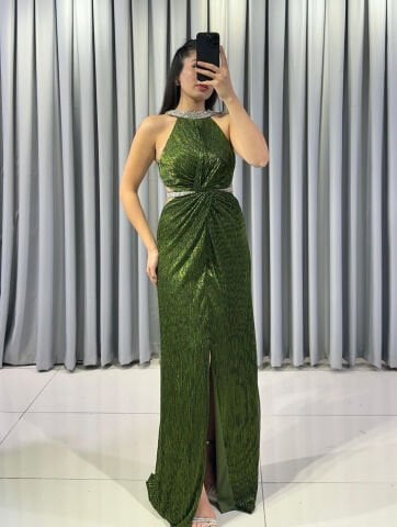 Halter Yaka Simli Işıltılı Balık Model  Böbrek Dekolteli Şık Yeşil Abiye  Elbise 42