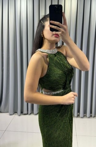 Halter Yaka Simli Işıltılı Balık Model  Böbrek Dekolteli Şık Yeşil Abiye  Elbise 42 - YEŞİL