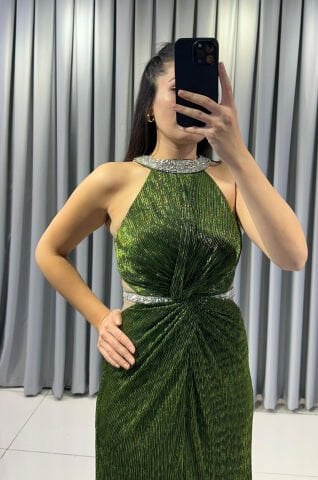 Halter Yaka Simli Işıltılı Balık Model  Böbrek Dekolteli Şık Yeşil Abiye  Elbise 42