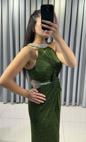 Halter Yaka Simli Işıltılı Balık Model  Böbrek Dekolteli Şık Yeşil Abiye  Elbise 42