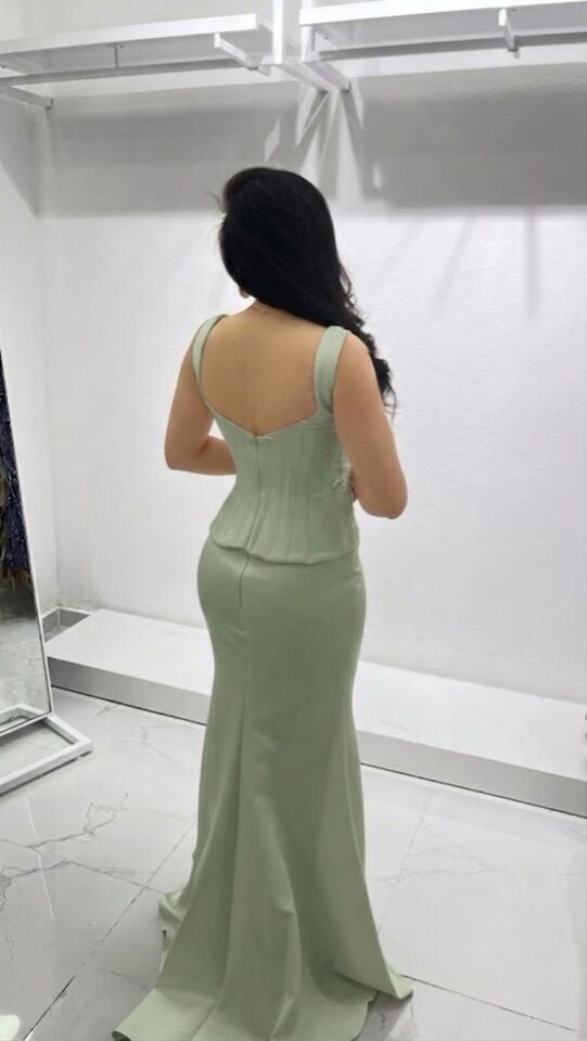SU YEŞİLİ YAPRAK BASKILI KREP BALIK ABİYE