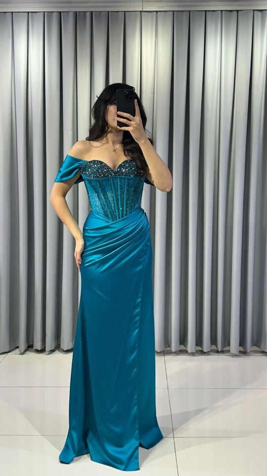 SATEN KOLLARI DÜŞÜK TURKUAZ TASARRIM ABİYE 42