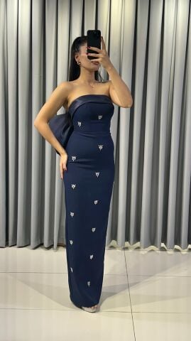 Balık (Vücudu saran) Straplez  Kristal kelebek motifleri ve arkada büyük fiyonk detayı Lacivert Abiye 40