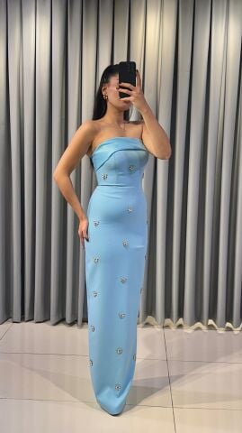 Balık (Vücudu saran) Straplez Kristal kelebek motifleri ve arkada büyük fiyonk detayı  Mavi Abiye 40