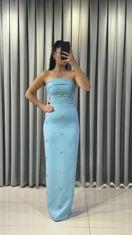 Balık (Vücudu saran) Straplez Kristal kelebek motifleri ve arkada büyük fiyonk detayı  Mavi Abiye 40