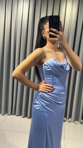 uzun yırtmaçlı Saten korse ve yırtmaç detaylı, parlak Mavi  Abiye 40 - Mavi