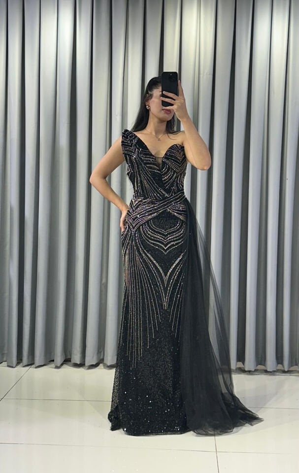 TAŞ İŞLEMELİ BALIK BEL KISMI SİYAH  ABİYE 44