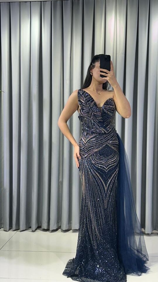 TAŞ İŞLEMELİ BALIK BEL KISMI TÜL LACİVERT  ABİYE 44